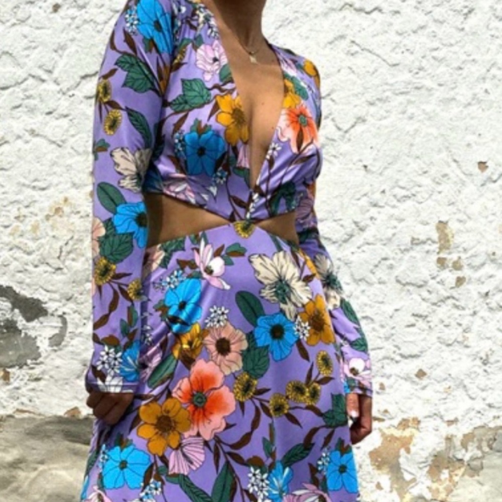 AFRM Assi Floral Cutout Detail Long Sleeve Dress in Purple Vintage Floral